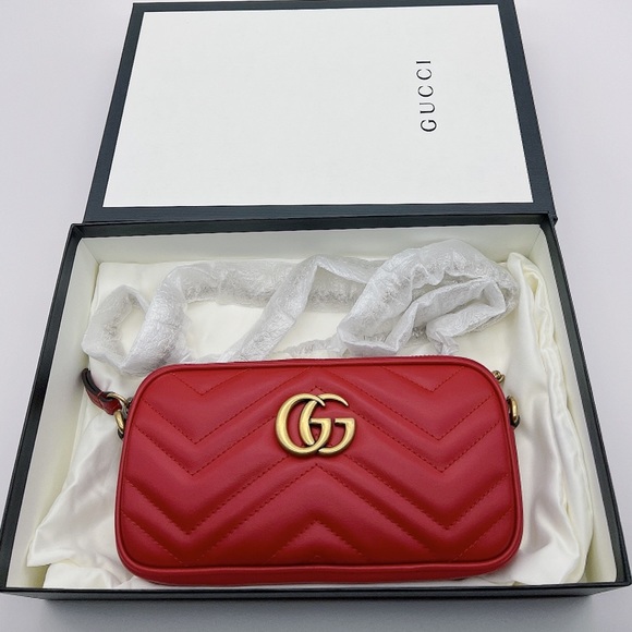 ❌SOLD❌Gucci Calfskin Matelasse Mini GG Marmont Chain Crossbody Bag in Red - Picture 9 of 11